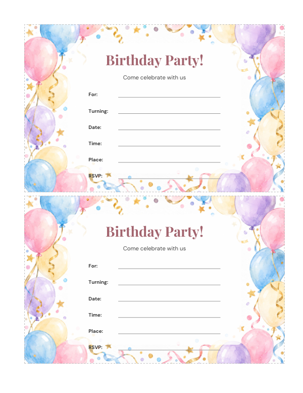 Preview of Printable Balloons Invitation Template