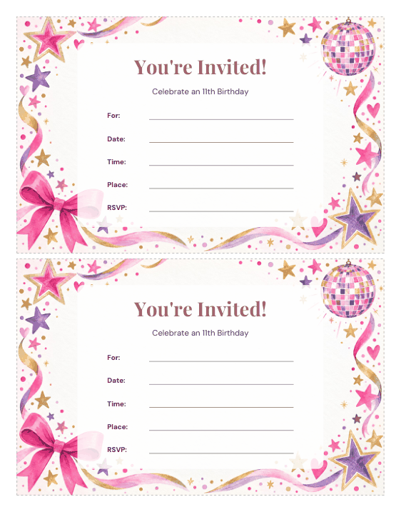 Preview of Birthday Invitation Template for 11 Year Old Girl