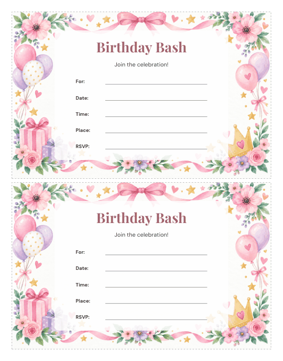 Preview of Free Printable Birthday Invitations for Girls