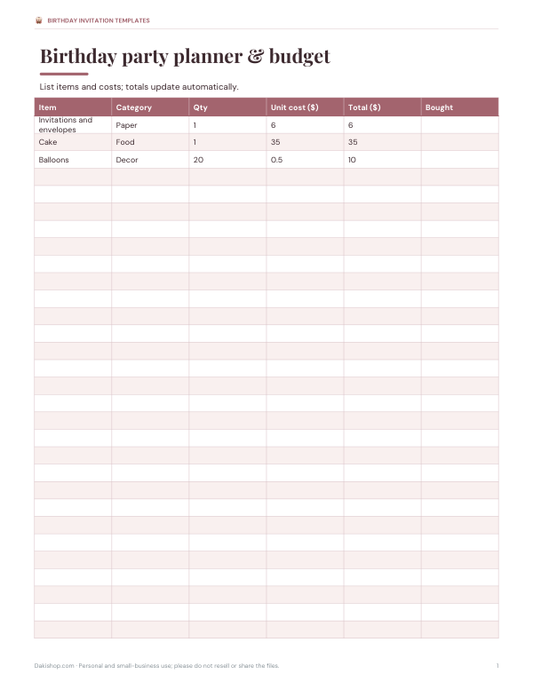 Preview of Birthday Party Planner Budget Sheet